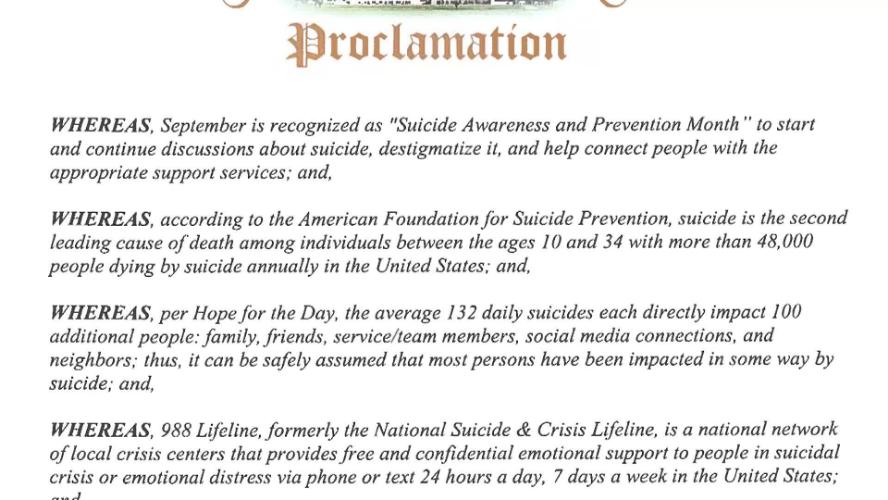 Suicide Awareness and Prevention Month Proclamation